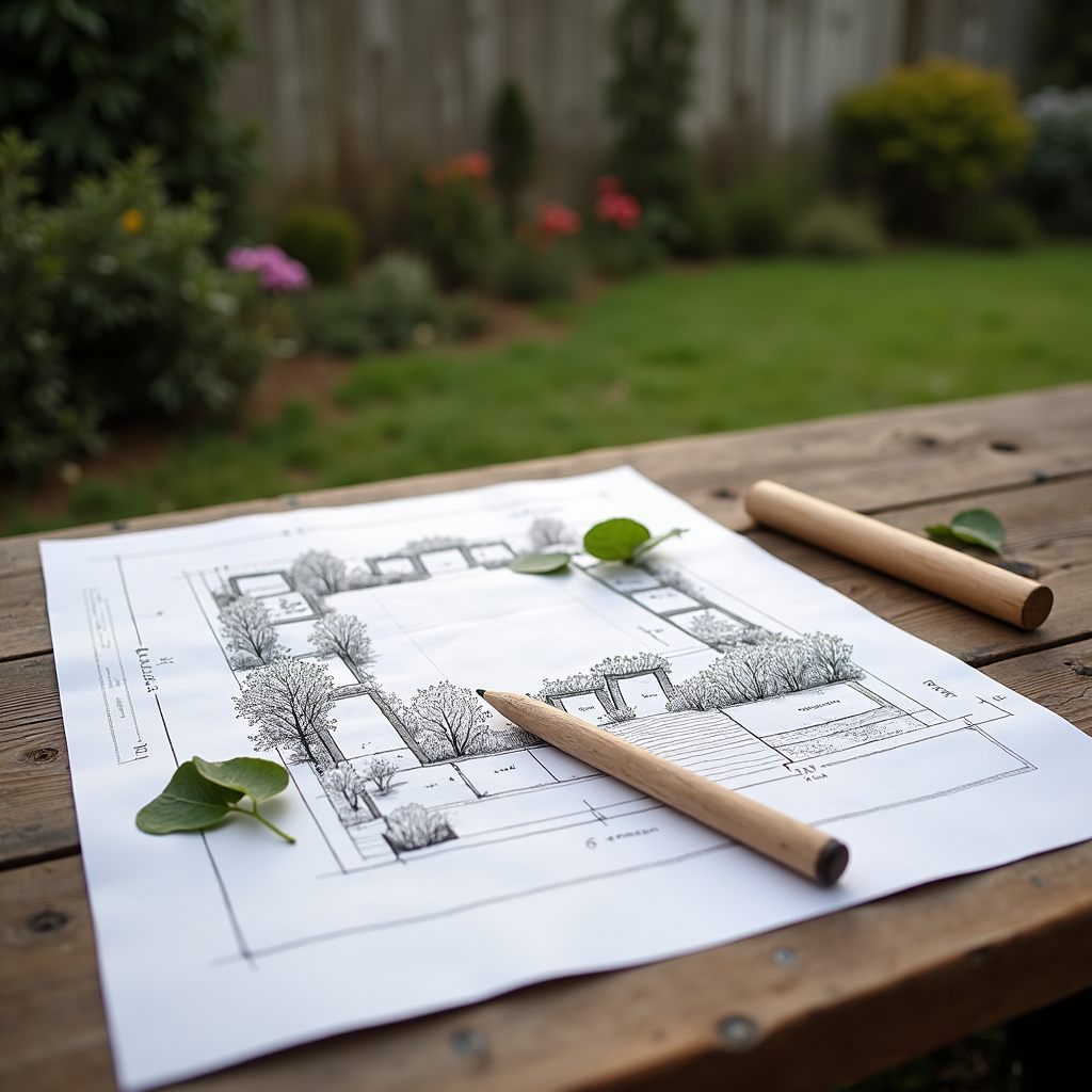 Gartenplan und Werkzeuge auf einem Holztisch