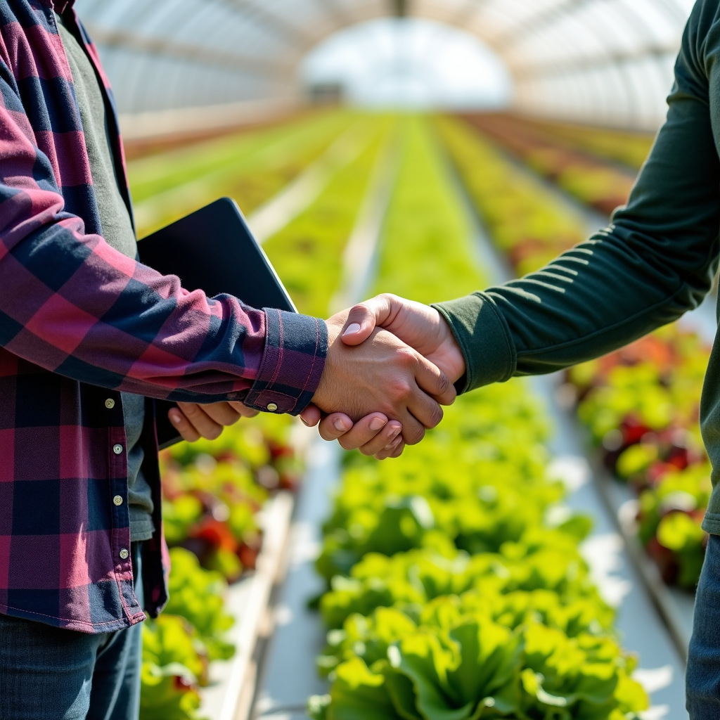 Handschlag zwischen Gärtner und Kundin im Garten