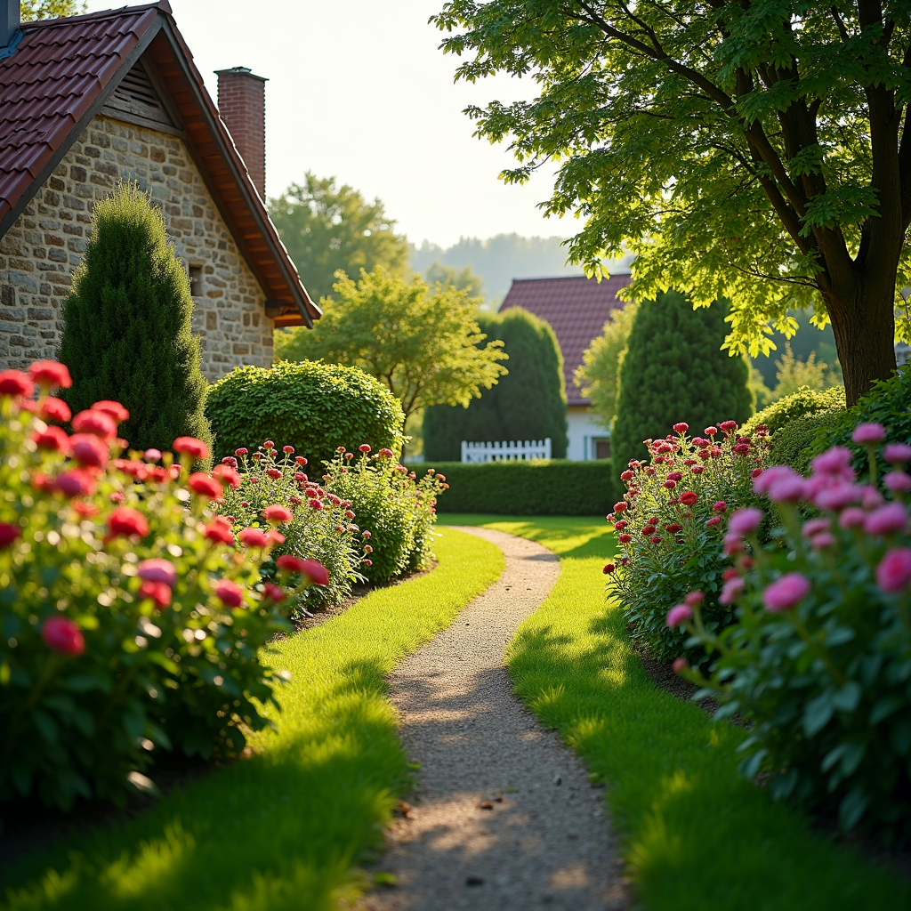 Neu gestalteter Garten mit Wegen und Bepflanzung