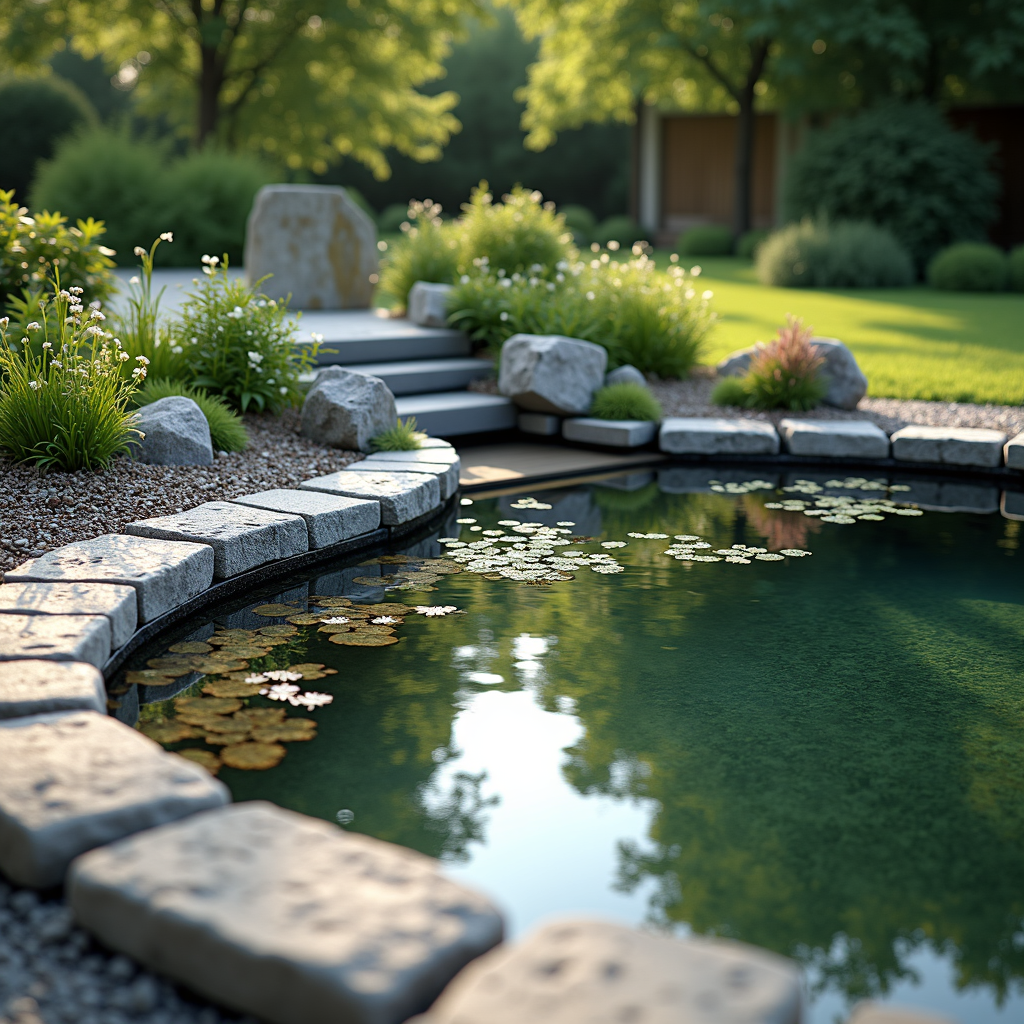Gartenteich mit Wasserpflanzen und Steinen