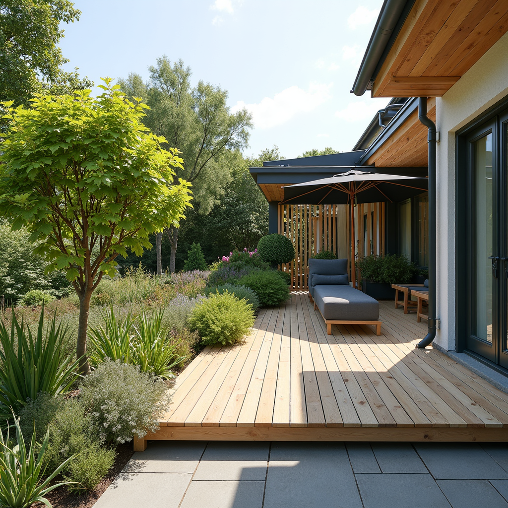Terrasse mit Hochbeeten und Sichtschutzbepflanzung