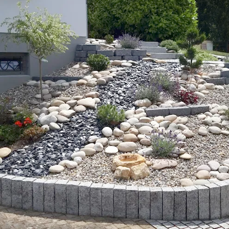 Steingarten mit verschiedenen Pflanzen und Steinen